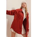 Trend Alaçatı Stili Kadın Kiremit Kadife Pamuklu Tek Cepli Oversize Ceket Gömlek