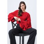 Trend Alaçatı Stili Kadın Kırmızı Bisiklet Yaka Kolları Volanlı Krep Bluz ALC-X14714