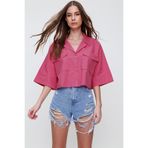 Trend Alaçatı Stili Kadın Koyu Pembe Zarf Cepli Crop Poplin Gömlek ALC-X6045