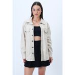Trend Alaçatı Stili Kadın Krem Çift Cepli Çıtçıt Kapamalı Şardonlu Suni Deri Oversize Gömlek Ceket ALC-X14312