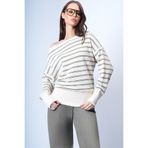 Trend Alaçatı Stili Kadın Krem Çizgili Bisiklet Yaka Çizgili Yarasa Kol Geniş Kesim Triko Bluz ALC-X14392