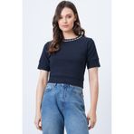 Trend Alaçatı Stili Kadın Lacivert Bisiklet Yaka Yakası İncili Triko Bluz ALC-X14637