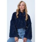 Trend Alaçatı Stili Kadın Lacivert Dik Yaka Tüylü Peluş Bluz ALC-X14591
