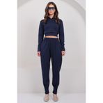 Trend Alaçatı Stili Kadın Lacivert Kapüşonlu Crop Sweatshırt Ve Dikiş Detaylı Pantolon Takım ALC-X14938