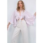 Trend Alaçatı Stili Kadın Lila Çizgili Kolları Fırfırlı Keten Crop Dokuma Bluz