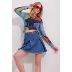 Trend Alaçatı Stili Kadın Mavi Bisiklet Yaka Dijital Desenli Yanları Büzgülü Tül Crop Bluz ALC-X11528