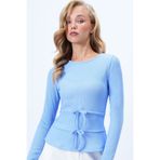 Trend Alaçatı Stili Kadın Mavi Bisiklet Yaka Fiyonk Detaylı Ottoban Kısa Bluz Alc-X14341