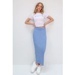 Trend Alaçatı Stili Kadın Mavi Bisiklet Yaka Nakışlı Crop Bluz Ve Etek Takım ALC-X13725
