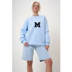 Trend Alaçatı Stili Kadın Mavi Bisiklet Yaka Nakışlı İçi Şardonlu Oversize Sweatshirt ALC-X12754