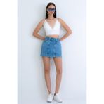 Trend Alaçatı Stili Kadın Mavi Çift Cepli Kemerli Jean Mini Etek ALC-X15215