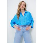 Trend Alaçatı Stili Kadın Mavi Çift Cepli Oversize Dokuma Gömlek Alc-X13960