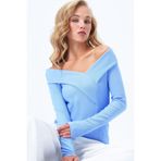 Trend Alaçatı Stili Kadın Mavi Geniş Yakalı Ottoban Bluz Alc-X14342