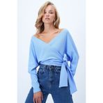 Trend Alaçatı Stili Kadın Mavi Ön Arka Kruvaze Yaka Bağlama Detaylı Ottoban Crop Bluz Alc-X14346