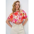 Trend Alaçatı Stili Kadın Mercan Kayık Yaka Çiçek Desenli Dokuma Bürümcük Yazlık Crop Bluz ALC-X13795