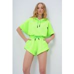 Trend Alaçatı Stili Kadın Neon Yeşil Kapüşonlu Crop Sweatshirt Ve Şortlu Takım ALC-760-001-TK