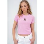 Trend Alaçatı Stili Kadın Pembe Bisiklet Yaka Ayıcık Baskılı Crop Bluz ALC-X13672