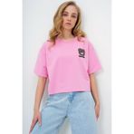Trend Alaçatı Stili Kadın Pembe Bisiklet Yaka Ayıcık Motifli Oversize Crop T-Shırt ALC-X13675