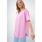 Trend Alaçatı Stili Kadın Pembe Bisiklet Yaka Oval Kesim Modal T-Shirt ALC-X11506