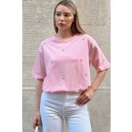 Trend Alaçatı Stili Kadın Pembe Bisiklet Yaka Oversize İnci Ve Taş İşlemeli T-Shirt ALC-X11964