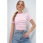 Trend Alaçatı Stili Kadın Pembe Bisiklet Yaka Yarım Kol Çizgili Crop Bluz ALC-X13348