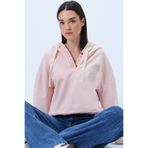 Trend Alaçatı Stili Kadın Pembe Kapüşonlu Ayıcık Nakışlı Renkli Düğmeli Pamuklu Sweatshırt ALC-X14294