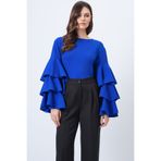 Trend Alaçatı Stili Kadın Saks Bisiklet Yaka Kolları Volanlı Krep Bluz ALC-X14714