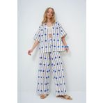 Trend Alaçatı Stili Kadın Saks Çiçek Desenli Duble Kol Kimono Ve Palazzo Pantolon Keten Takım ALC-X13630