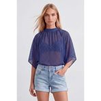 Trend Alaçatı Stili Kadın Saks Dik Yaka Bağlamalı Drape Detaylı Şifon Bluz Alc-X15480