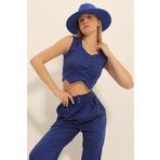 Trend Alaçatı Stili Kadın Saks Kalp Yaka Düğmeli Crop Yelek ALC-X11053