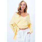 Trend Alaçatı Stili Kadın Sarı Ön Arka Kruvaze Yaka Bağlama Detaylı Ottoban Crop Bluz Alc-X14346