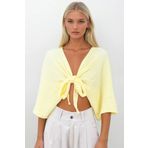Trend Alaçatı Stili Kadın Sarı Yarasa Kol Bağlama Detaylı Bürümcük Crop Bluz ALC-X14279