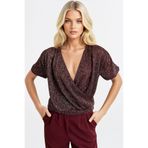 Trend Alaçatı Stili Kadın Simli Bordo Kruvaze Yaka Kısa Kol Simli Örme Crop Bluz ALC-X13316