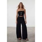 Trend Alaçatı Stili Kadın Siyah-1 Beli Gipeli Geniş Paça Pantolon Ve Gipeli Crop Büstiyer Takım Alc-X14058