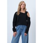 Trend Alaçatı Stili Kadın Siyah Asimetrik Kesim Omuzu Bant Detaylı Örme Bluz ALC-X14574