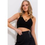 Trend Alaçatı Stili Kadın Siyah Askılı Triko Crop Bluz ALC-X11779