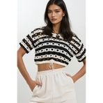 Trend Alaçatı Stili Kadın Siyah-Beyaz Delik Ajurlu Beli Kordonlu Crop Triko Bluz Alc-X11764