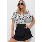 Trend Alaçatı Stili Kadın Siyah-Beyaz Kare Yaka Karpuz Kol Gipeli Crop Keten Bluz ALC-X11651