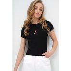 Trend Alaçatı Stili Kadın Siyah Bisiklet Yaka Ayıcık Baskılı Crop Bluz ALC-X13672