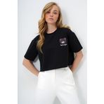 Trend Alaçatı Stili Kadın Siyah Bisiklet Yaka Ayıcık Motifli Oversize Crop T-Shırt ALC-X13675