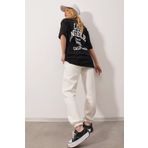 Trend Alaçatı Stili Kadın Siyah Bisiklet Yaka Baskılı Oversize T-Shirt ALC-X9560