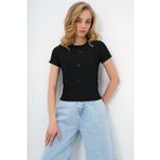 Trend Alaçatı Stili Kadın Siyah Bisiklet Yaka Fiyonk Süslü Crop Bluz ALC-X13671