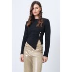 Trend Alaçatı Stili Kadın Siyah Bisiklet Yaka Gold Düğme Ve Drape Detaylı Ottoban Bluz ALC-X14716