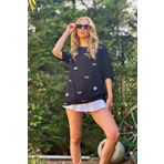 Trend Alaçatı Stili Kadın Siyah Bisiklet Yaka Göz Baskılı Oversize T-Shirt ALC-X12306