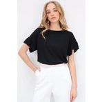 Trend Alaçatı Stili Kadın Siyah Bisiklet Yaka Kolları Fırfırlı Basic T-Shırt ALC-X13542