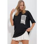 Trend Alaçatı Stili Kadın Siyah Bisiklet Yaka Örgü Cepli İki İplik T-Shirt ALC-X11587