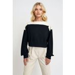 Trend Alaçatı Stili Kadın Siyah Ekru Kayık Yaka Renk Bloklu Kolları Ve Beli Lastikli Crop Bluz ALC-X12970