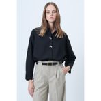 Trend Alaçatı Stili Kadın Siyah Gold Broşlu Gizli Patlı Oversize Poplin Gömlek ALC-X14641