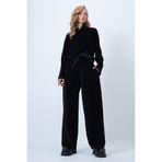 Trend Alaçatı Stili Kadın Siyah Kadife Dik Yaka Bol Kesim Bluz Ve Kendinden Kordonlu Pantolon Takım ALC-X14546