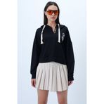 Trend Alaçatı Stili Kadın Siyah Kapüşonlu Ayıcık Nakışlı Renkli Düğmeli Pamuklu Sweatshırt ALC-X14294
