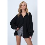 Trend Alaçatı Stili Kadın Siyah Oversize Bürümcük Gömlek ALC-X14541
